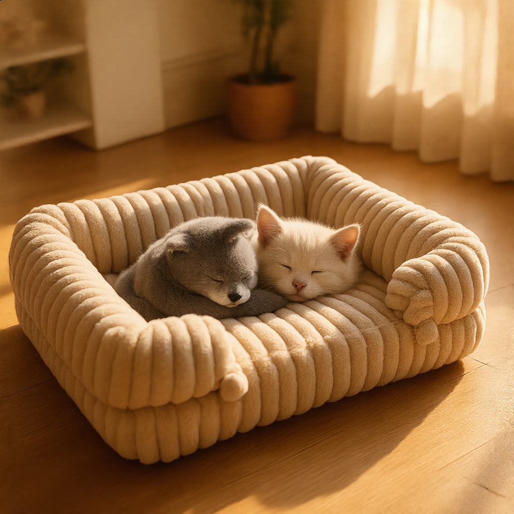 Un gatito y un cachorro durmiendo juntos en la Cama Sofá Nube beige (imagen creada con IA)