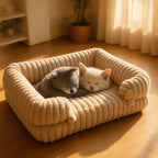 Un gatito y un cachorro durmiendo juntos en la Cama Sofá Nube beige (imagen creada con IA)