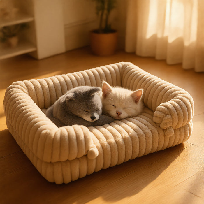 Un gatito y un cachorro durmiendo juntos en la Cama Sofá Nube beige (imagen creada con IA)