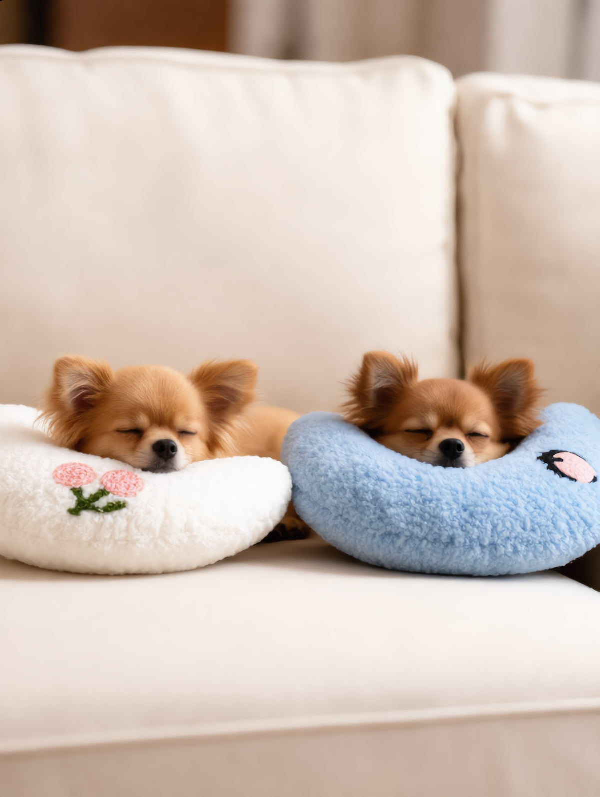 Dos cachorros de chihuahua, cada uno con su Almohada Luna (imagen creada con IA)