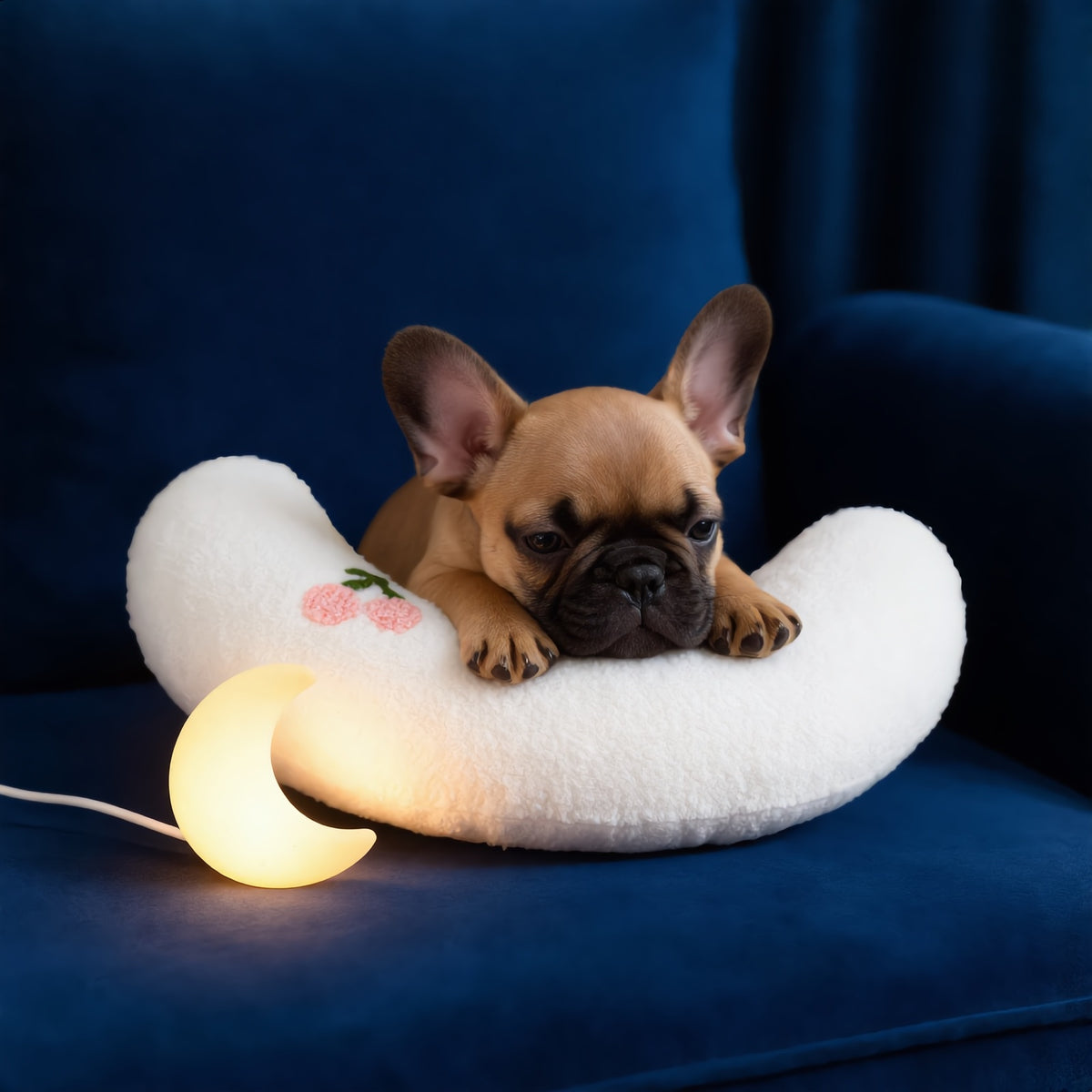 Cachorro de bulldog francés durmiendo en la Almohada Luna blanca en un sofá azul noche (imagen creada con IA)