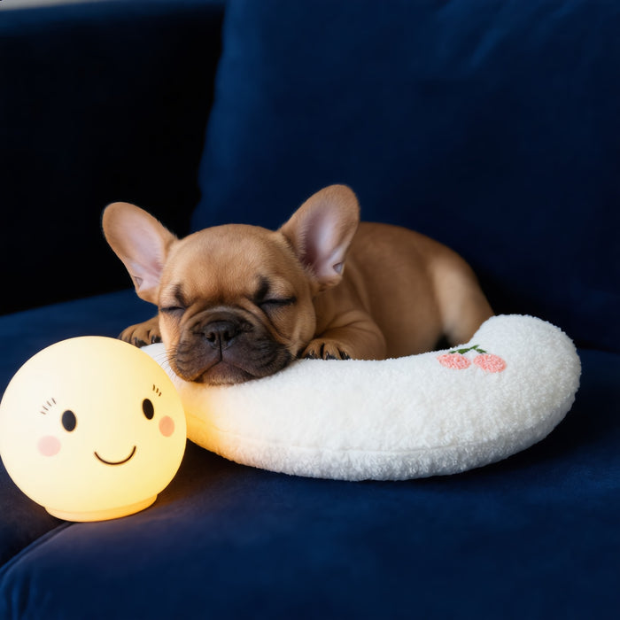 Cachorro de bulldog francés durmiendo en la Almohada Luna blanca junto a una lámpara de luna (imagen creada con IA)