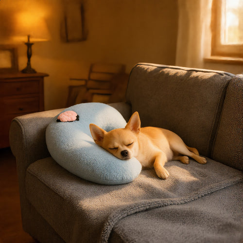 Kit Siesta: chihuahua en la Mantita Nube gris con la Almohada Luna azul (imagen creada con IA)