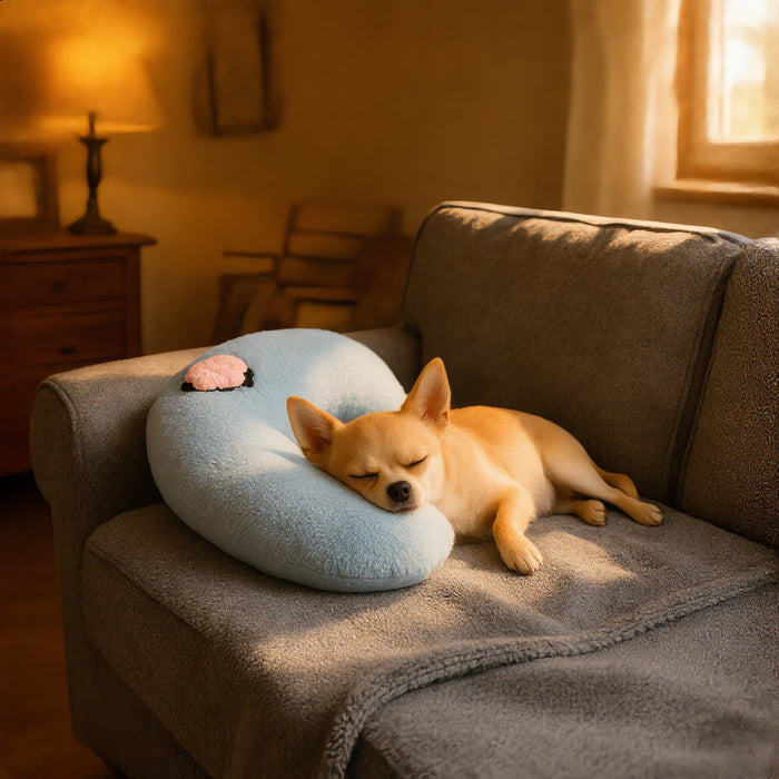Kit Siesta: chihuahua en la Mantita Nube gris con la Almohada Luna azul (imagen creada con IA)