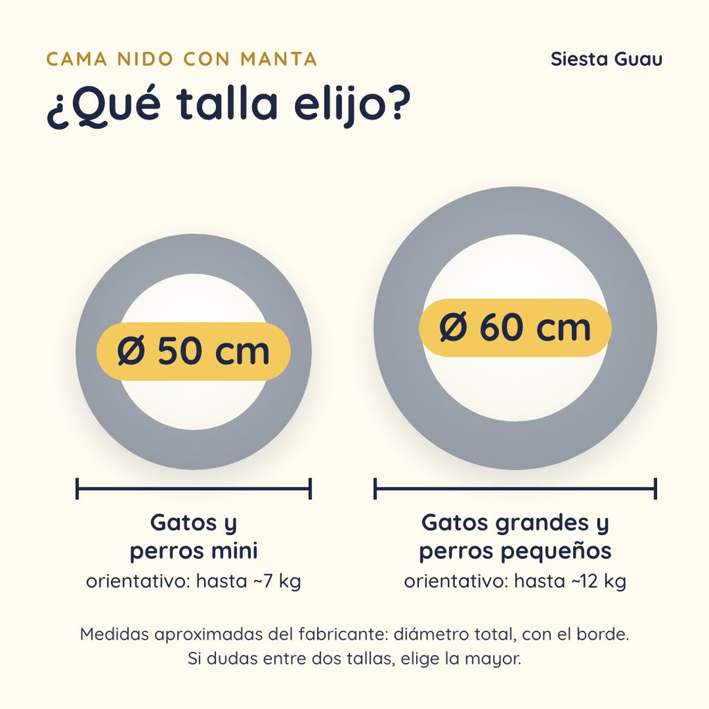 Guía de tallas de la Cama Nido: Ø 50 cm para gatos y perros mini, Ø 60 cm para gatos grandes y perros pequeños (medidas aproximadas)