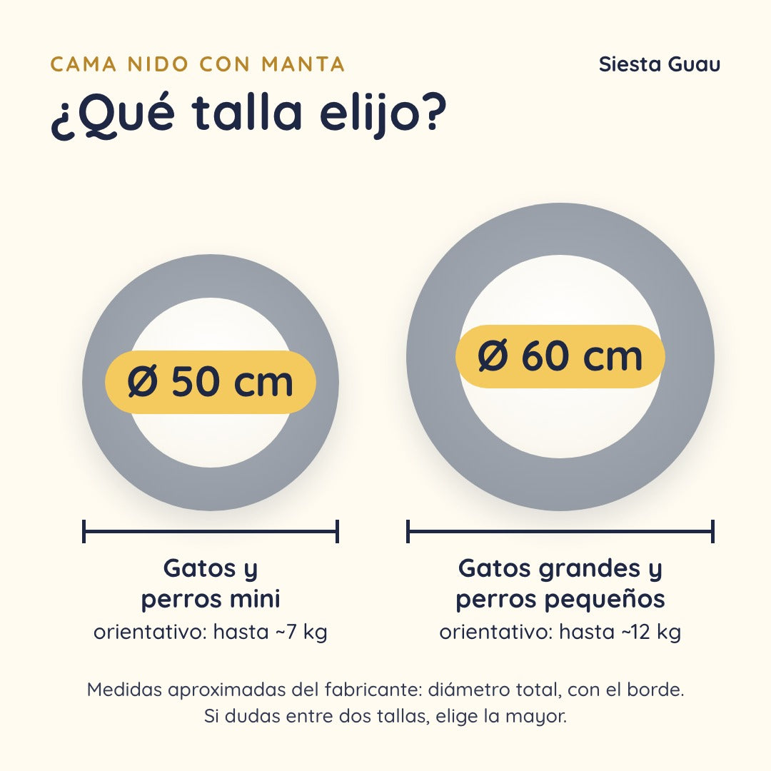 Guía de tallas de la Cama Nido: Ø 50 cm para gatos y perros mini, Ø 60 cm para gatos grandes y perros pequeños (medidas aproximadas)