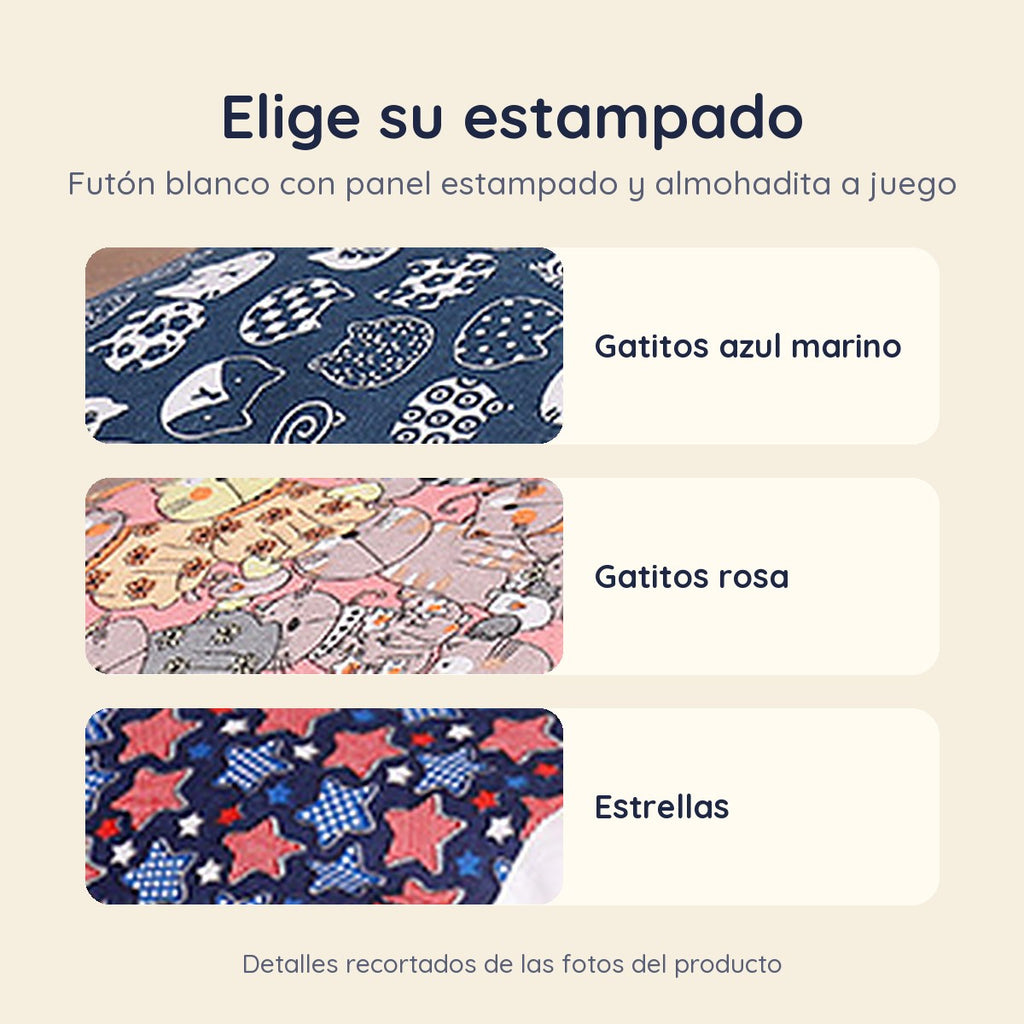 Los tres estampados del Futón Siesta: gatitos azul marino, gatitos rosa y estrellas