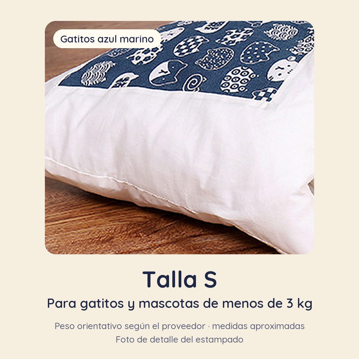 Futón Siesta talla S, estampado gatitos azul marino: detalle de la tela
